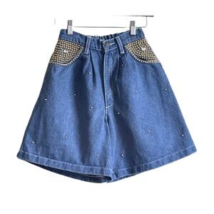 Vintage Retro Bejeweled Studded High Waist Blue Shorts Boho Festive